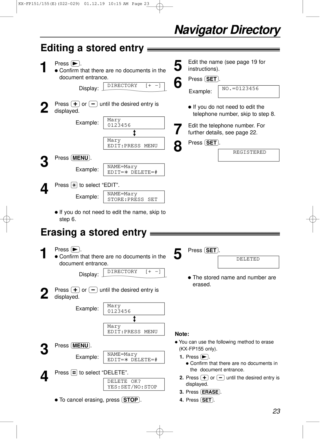 Panasonic KX-FP151E manual Editing a stored entry, Erasing a stored entry 