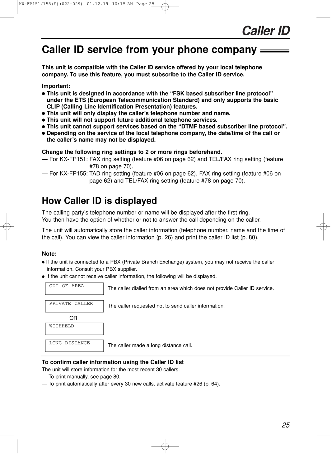 Panasonic KX-FP151E manual Caller ID service from your phone company, How Caller ID is displayed 