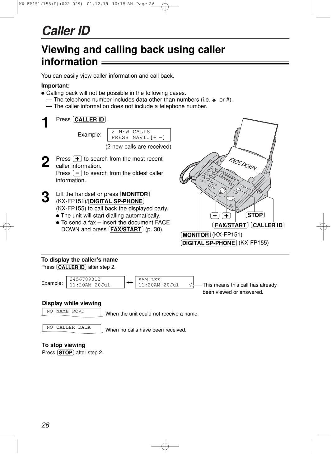 Panasonic KX-FP151E Viewing and calling back using caller information, Stop FAX/START Caller ID, Display while viewing 