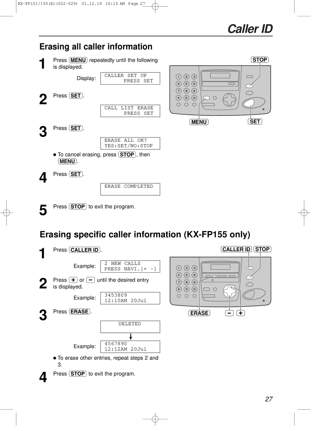 Panasonic KX-FP151E Erasing all caller information, Erasing specific caller information KX-FP155 only, Caller ID Stop 