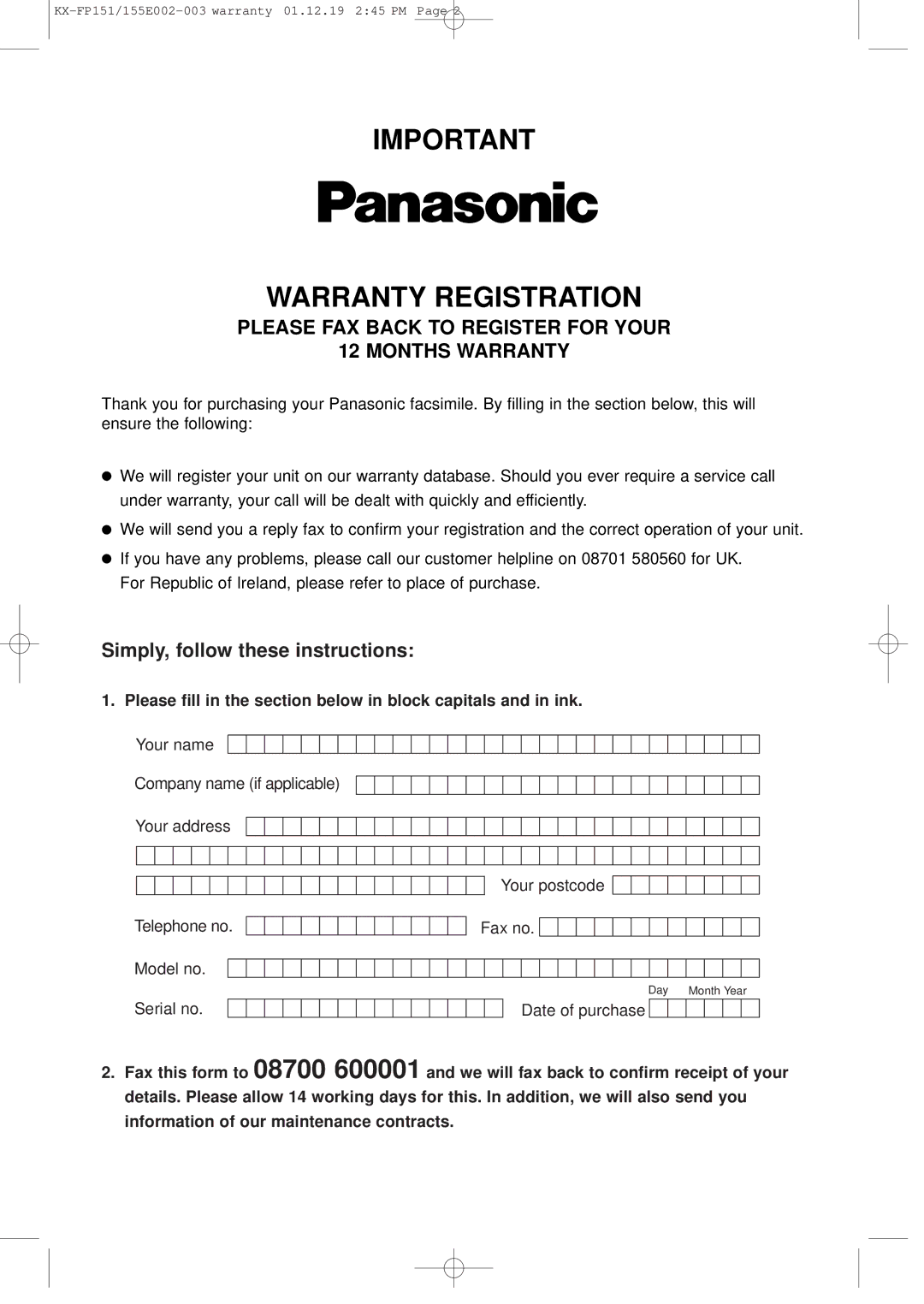 Panasonic KX-FP151E manual Warranty Registration, Date of purchase 