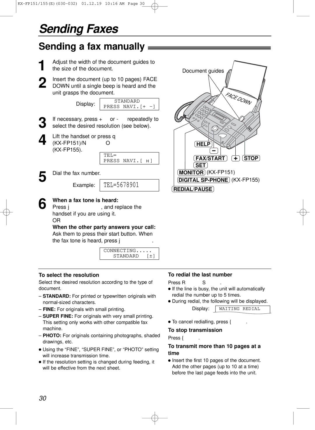 Panasonic KX-FP151E Sending Faxes, Sending a fax manually, Help FAX/START Stop SET 