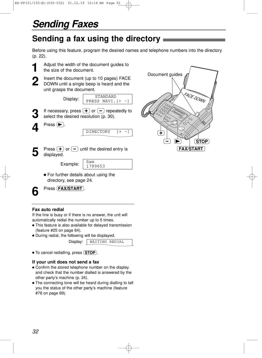 Panasonic KX-FP151E Sending a fax using the directory, Stop FAX/START, Fax auto redial, If your unit does not send a fax 