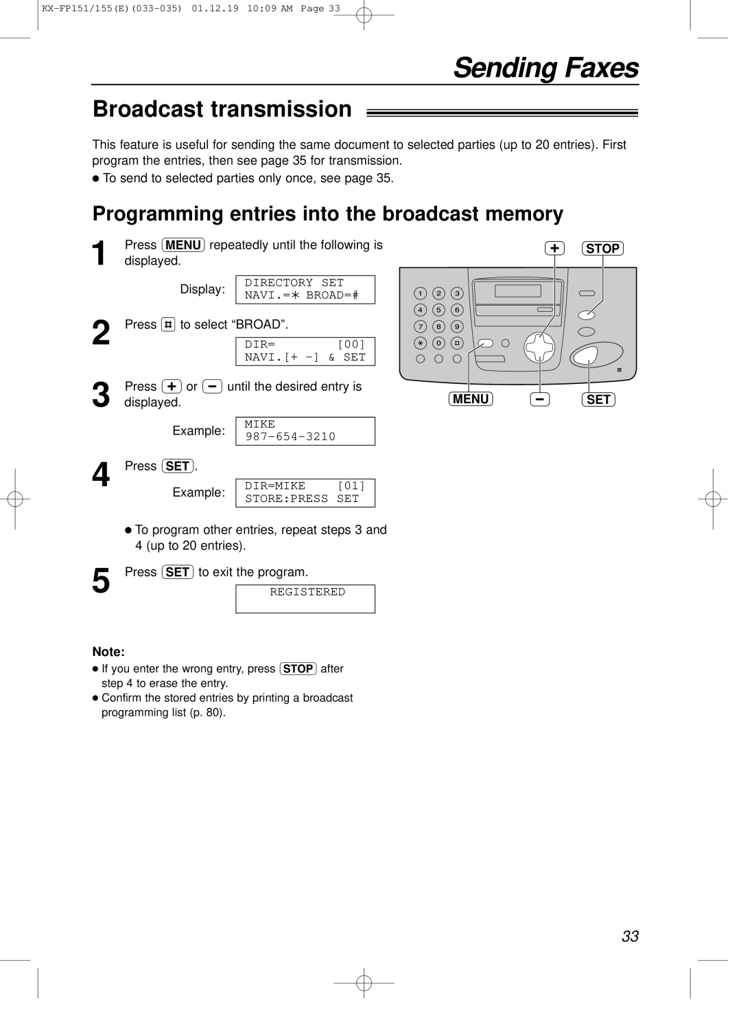 Panasonic KX-FP151E manual Broadcast transmission, Programming entries into the broadcast memory, Menu, Stop SET 