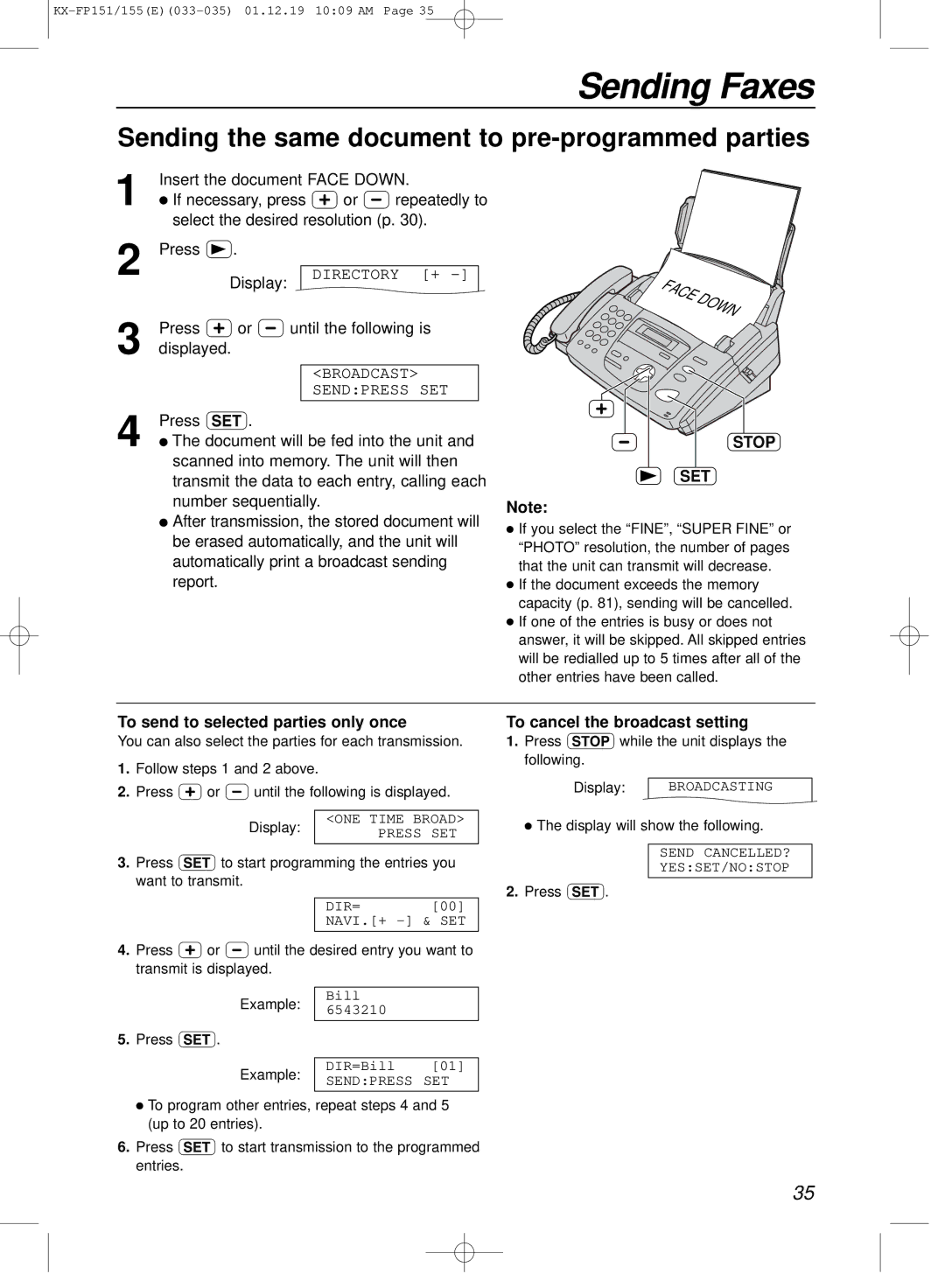 Panasonic KX-FP151E manual Sending the same document to pre-programmed parties, To send to selected parties only once 