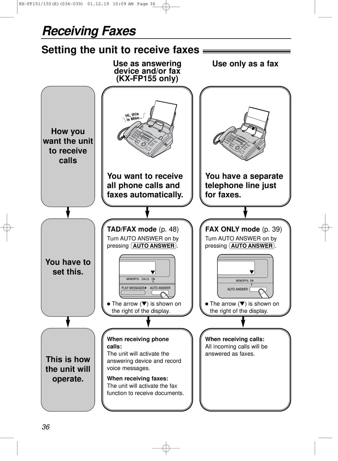 Panasonic KX-FP151E Receiving Faxes, Setting the unit to receive faxes, When receiving phone When receiving calls Calls 