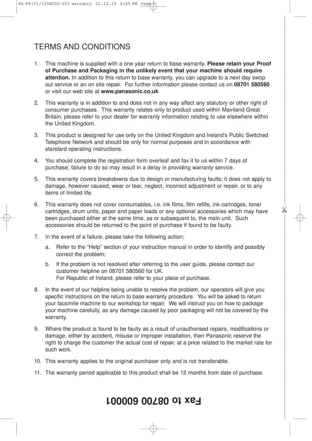 Panasonic KX-FP151E manual 600001 08700 to Fax, Terms and Conditions 