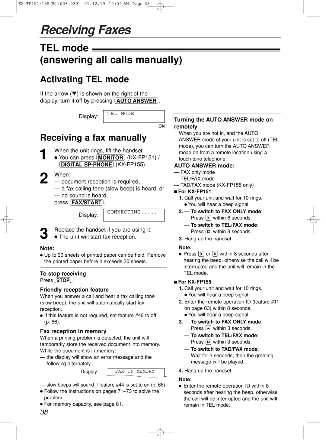 Panasonic KX-FP151E TEL mode Answering all calls manually, Activating TEL mode, Receiving a fax manually 