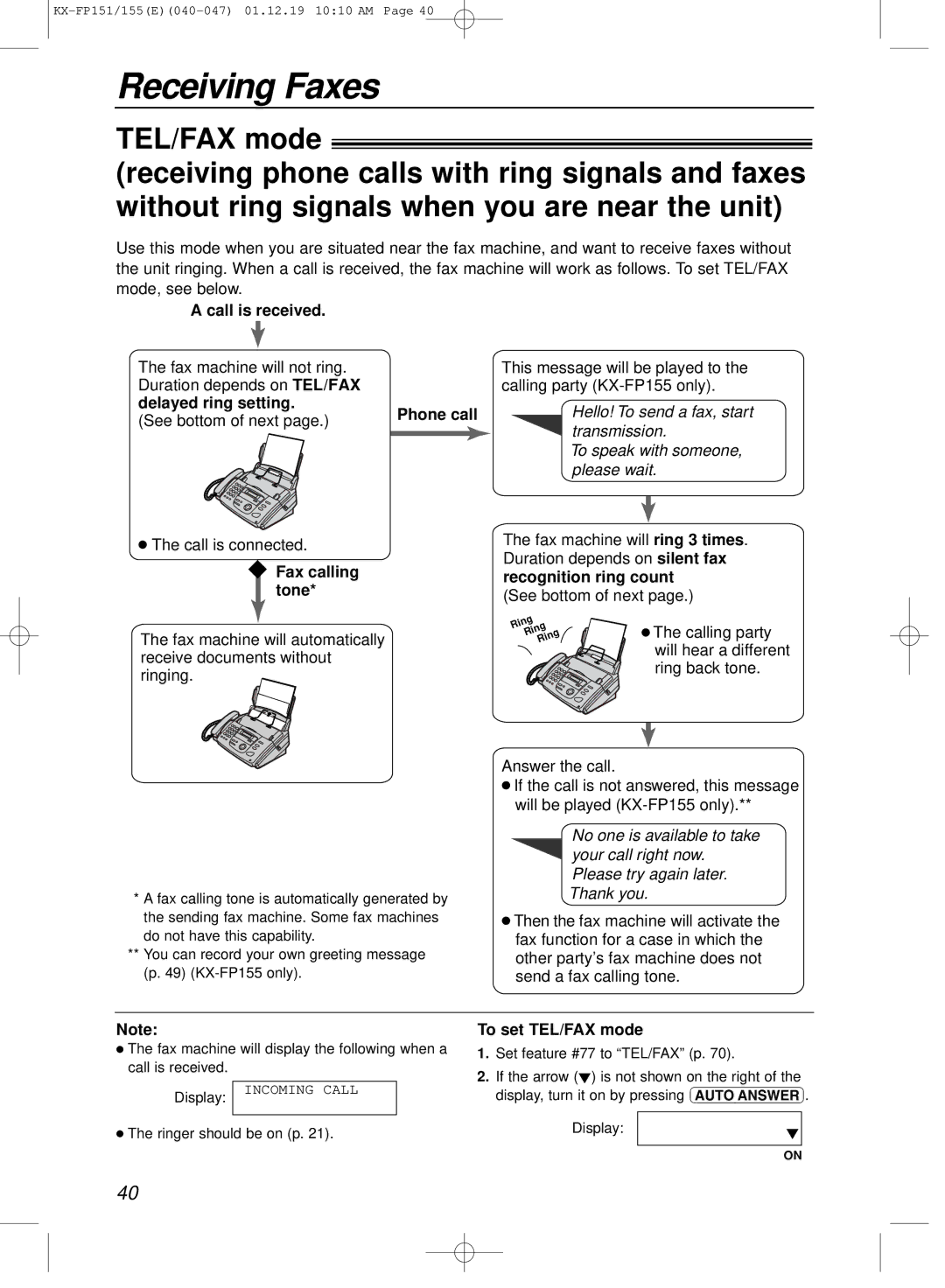 Panasonic KX-FP151E manual Call is received, Delayed ring setting Phone call, Fax calling, Recognition ring count, Tone 