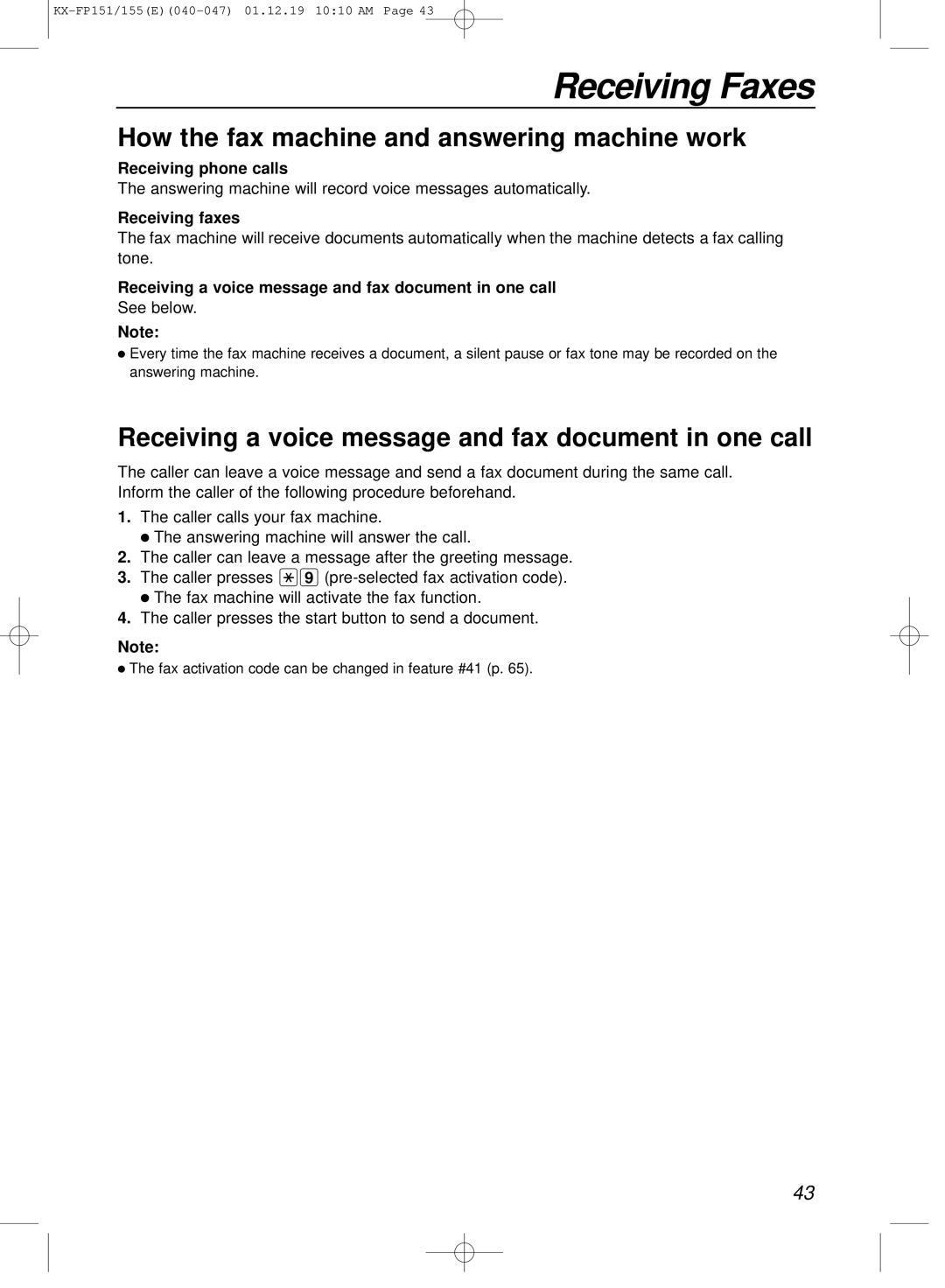 Panasonic KX-FP151E How the fax machine and answering machine work, Receiving a voice message and fax document in one call 