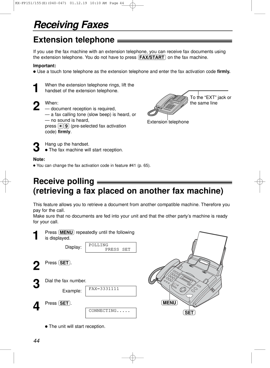 Panasonic KX-FP151E manual Extension telephone, Press w Dial the fax number Example, Unit will start reception 