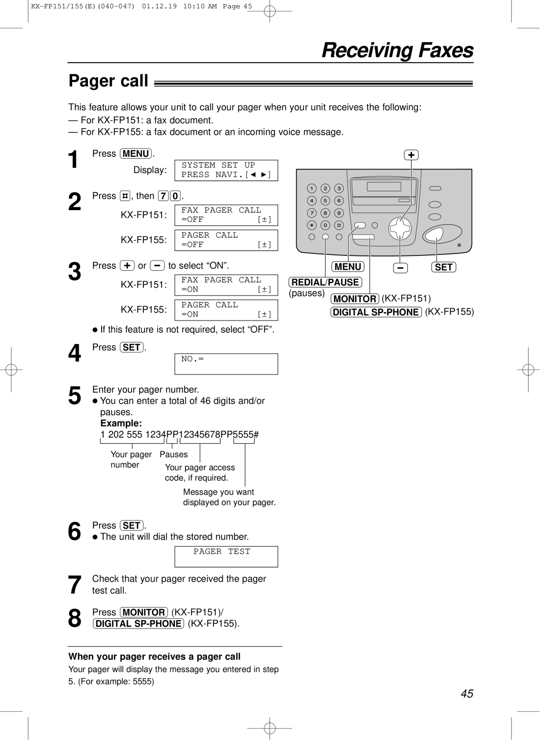 Panasonic KX-FP151E manual Pager call, Menu SET REDIAL/PAUSE, When your pager receives a pager call 