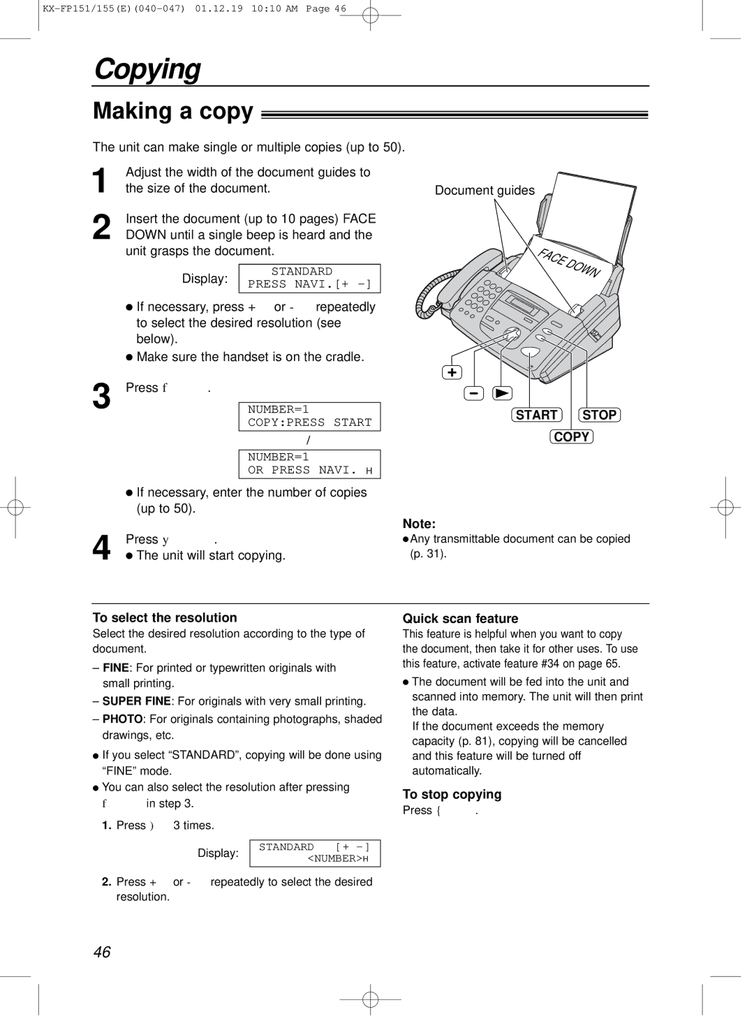 Panasonic KX-FP151E manual Copying, Making a copy, Start Stop Copy, To stop copying 