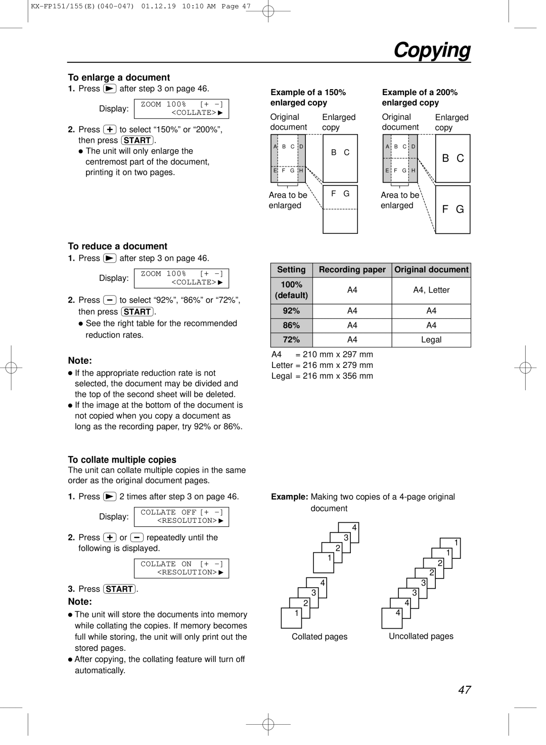 Panasonic KX-FP151E manual To enlarge a document, To reduce a document, To collate multiple copies 