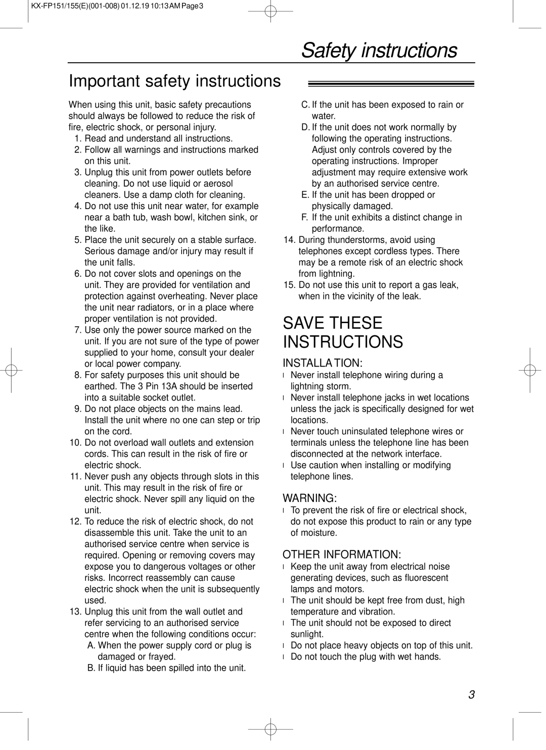 Panasonic KX-FP151E manual Safety instructions, Important safety instructions 