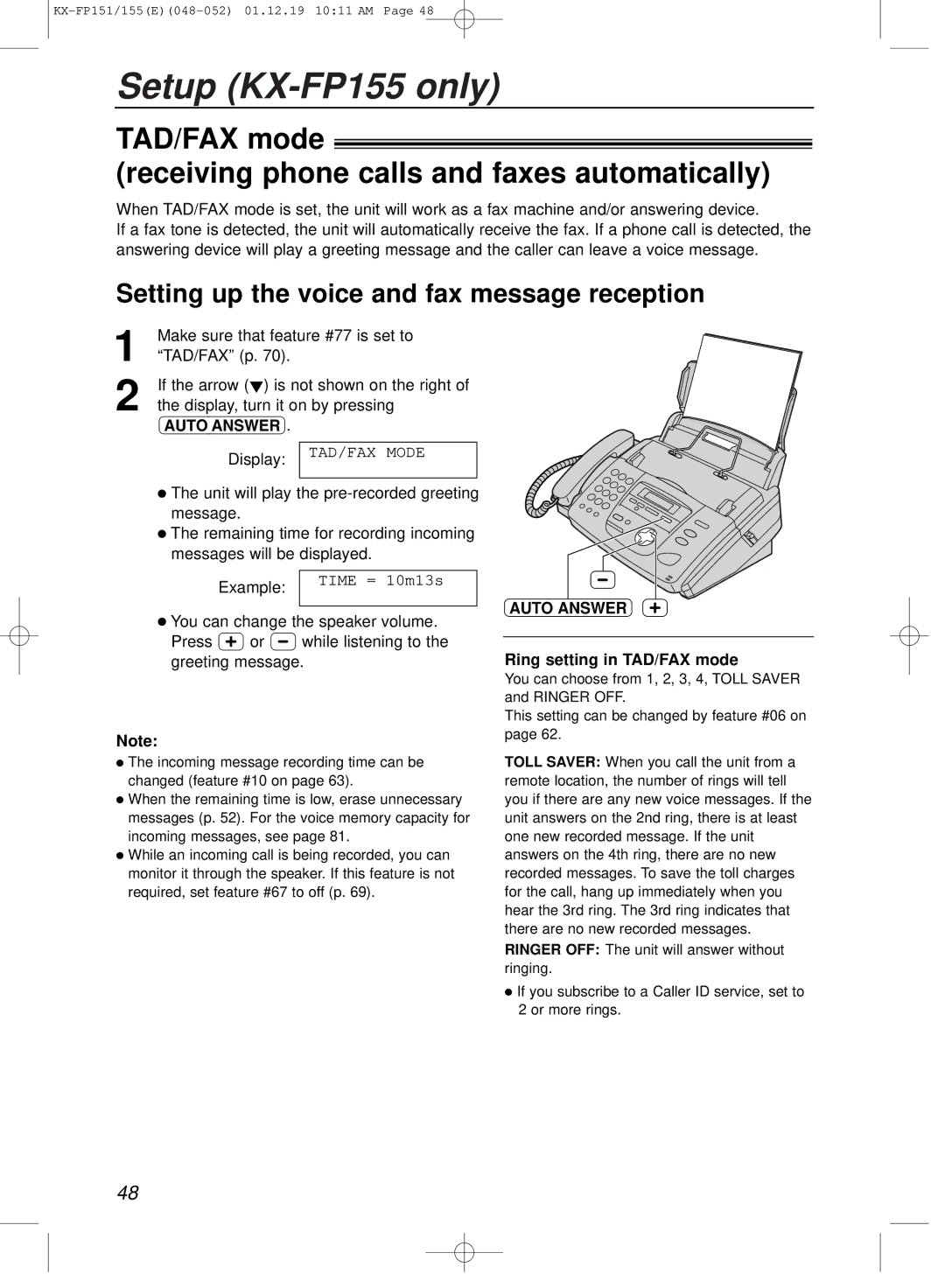 Panasonic KX-FP151E manual Setup KX-FP155 only, TAD/FAX mode Receiving phone calls and faxes automatically 