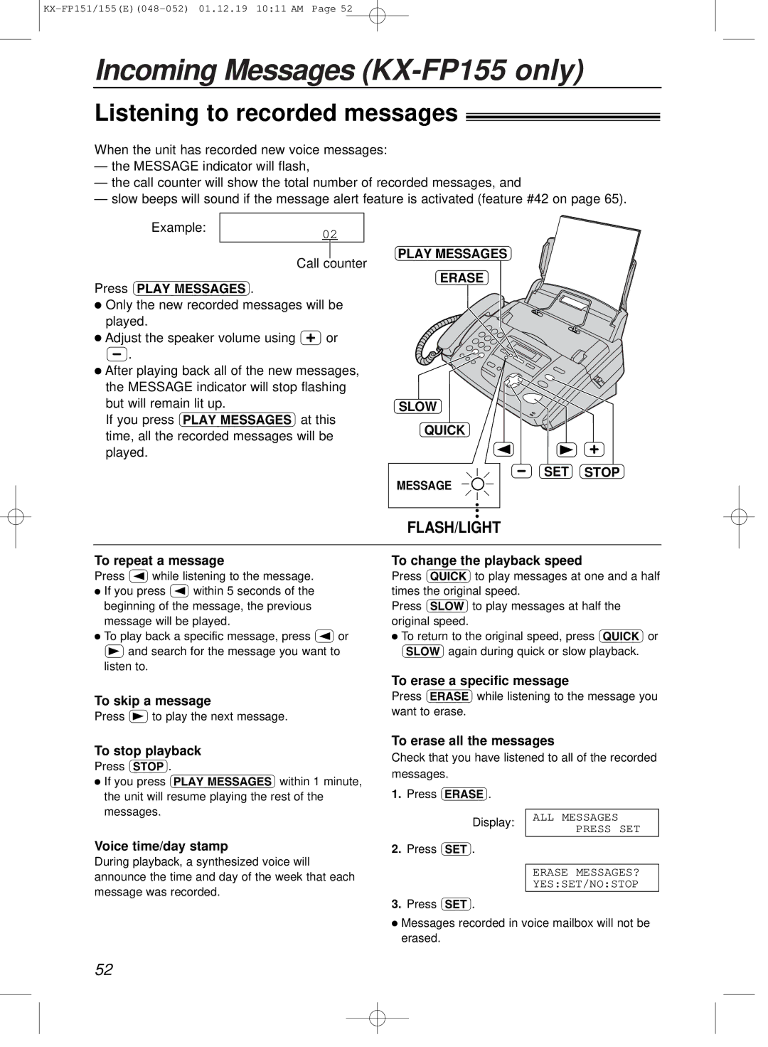 Panasonic KX-FP151E manual Incoming Messages KX-FP155 only, Listening to recorded messages 