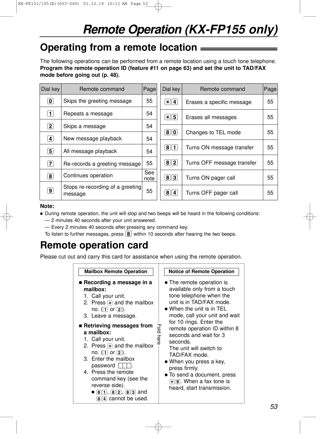 Panasonic KX-FP151E manual Remote Operation KX-FP155 only, Operating from a remote location, Remote operation card 