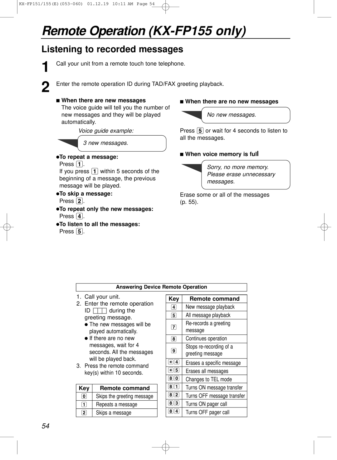 Panasonic KX-FP151E manual Listening to recorded messages, When there are new messages, When voice memory is full 