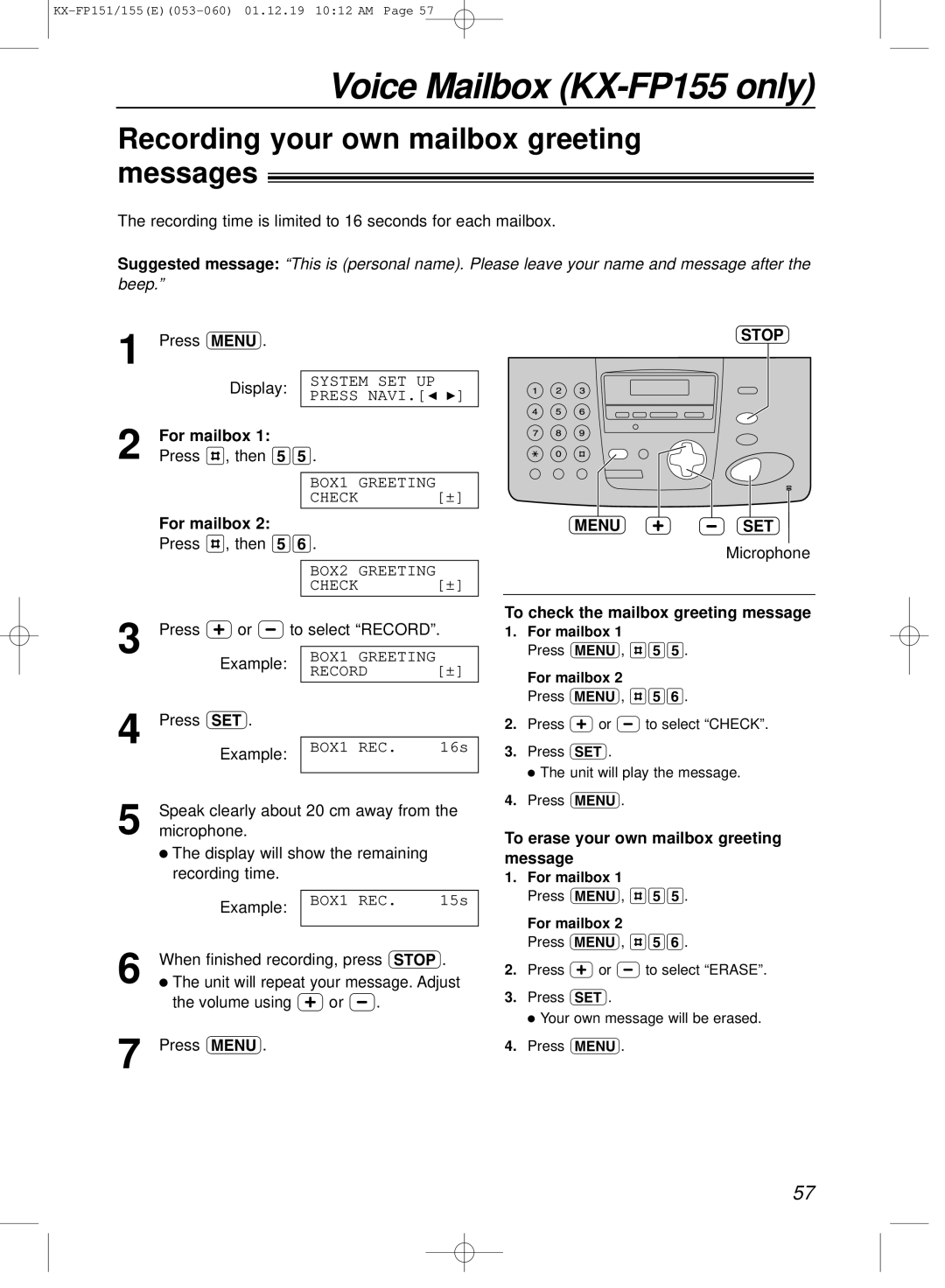 Panasonic KX-FP151E Recording your own mailbox greeting messages, Menu Stop SET, To check the mailbox greeting message 