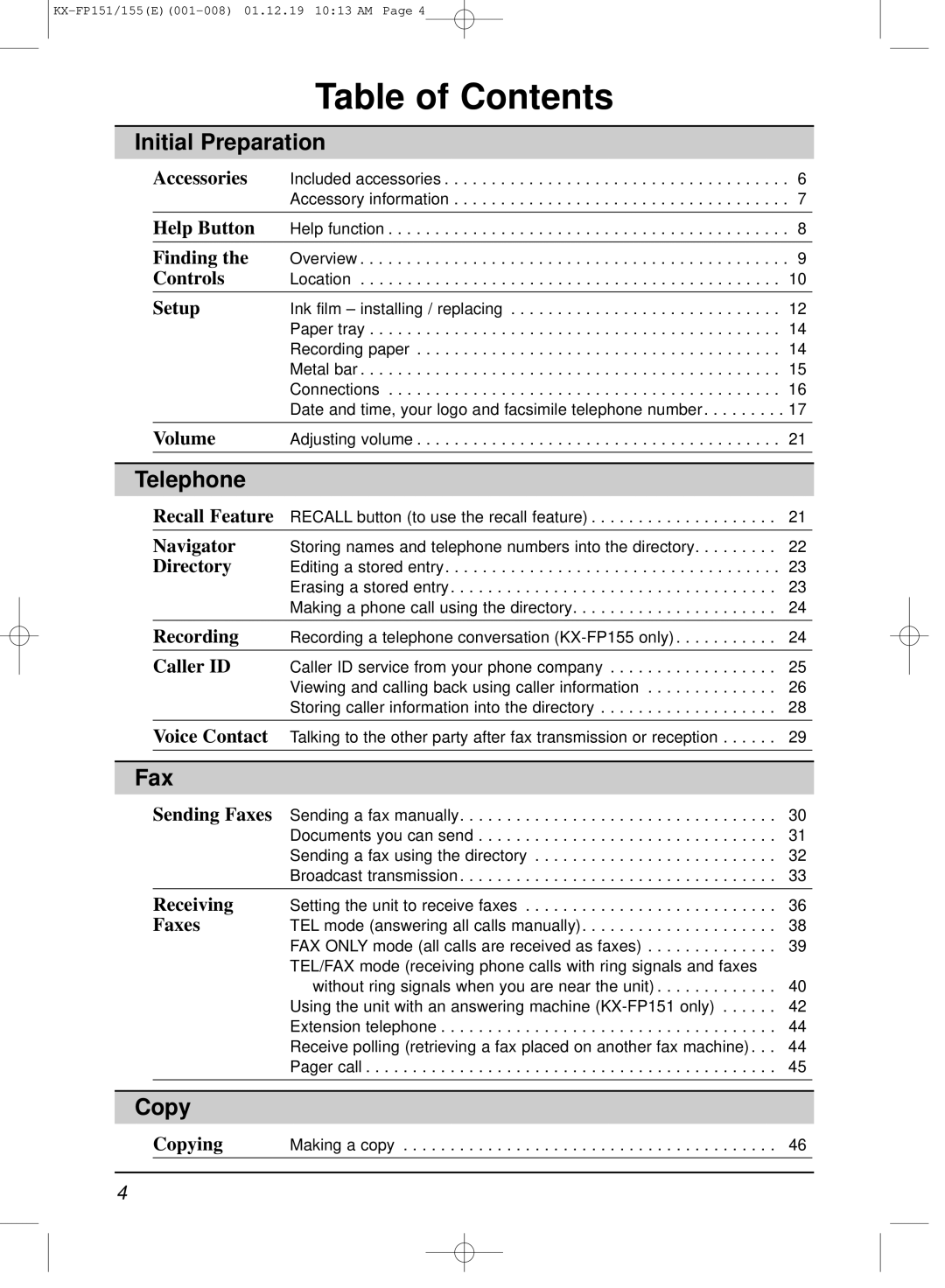 Panasonic KX-FP151E manual Table of Contents 