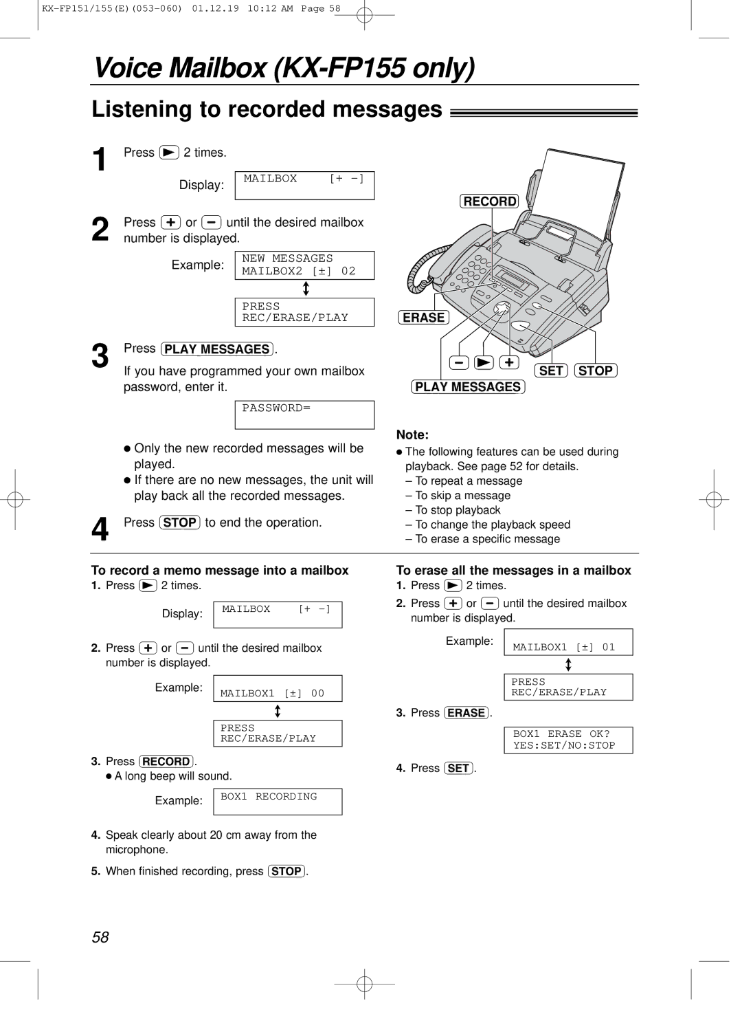 Panasonic KX-FP151E manual Record Erase SET Stop Play Messages, To record a memo message into a mailbox 