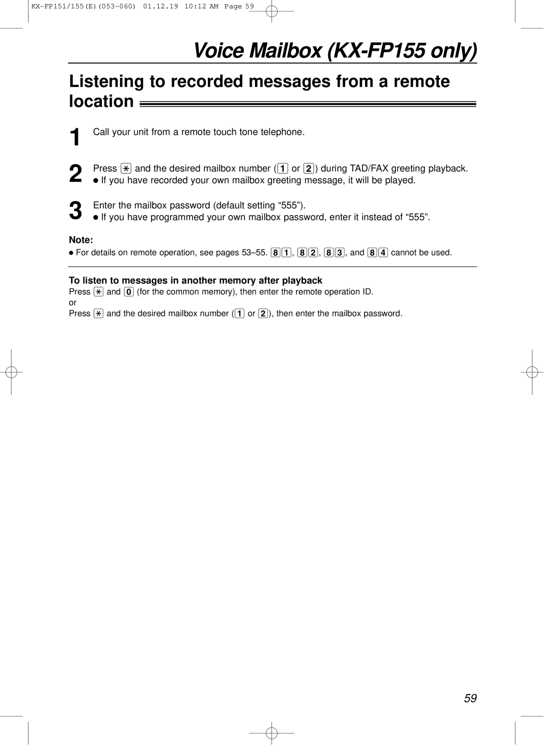 Panasonic KX-FP151E manual Listening to recorded messages from a remote location 