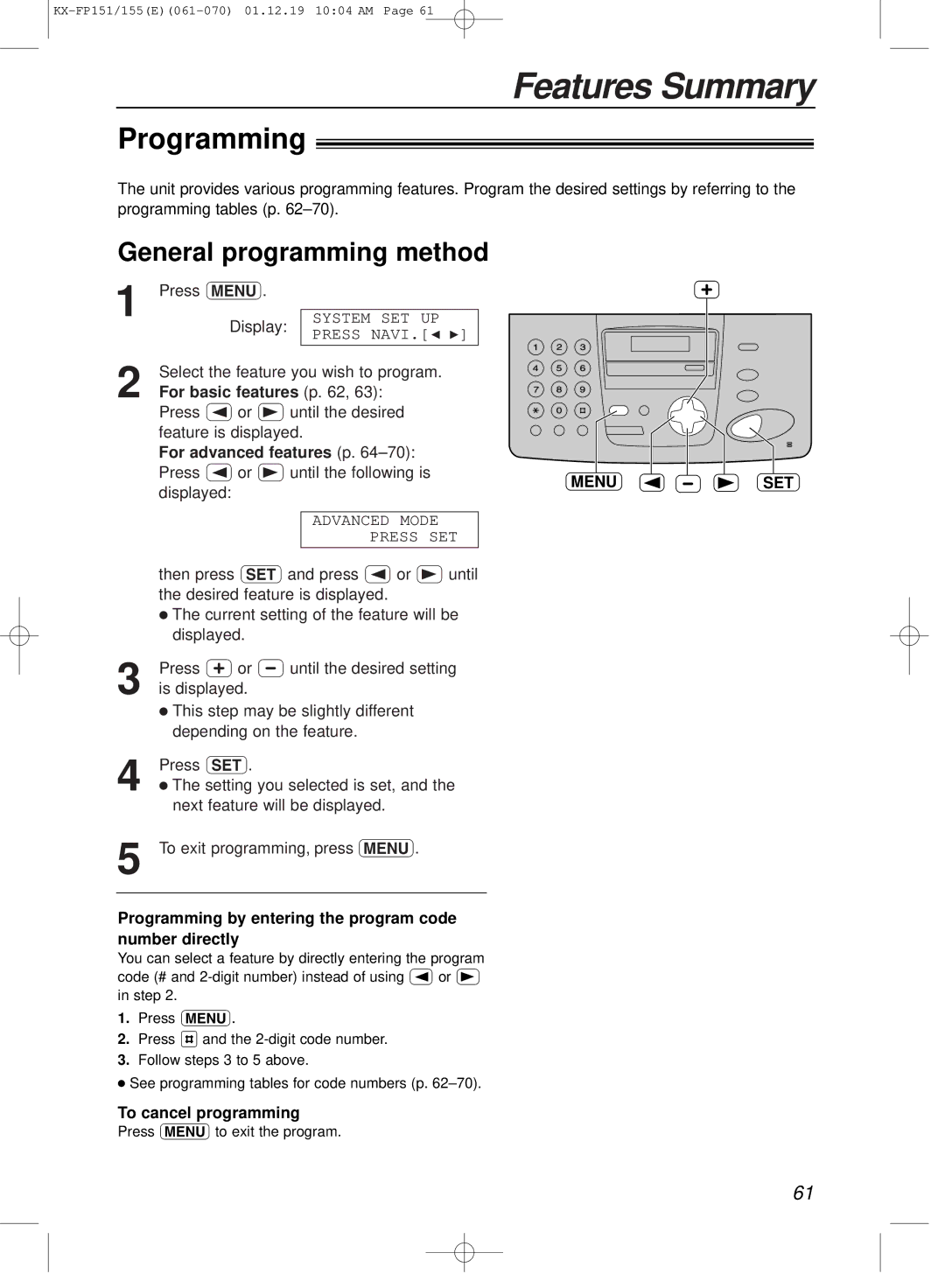 Panasonic KX-FP151E manual Features Summary, Programming, General programming method 