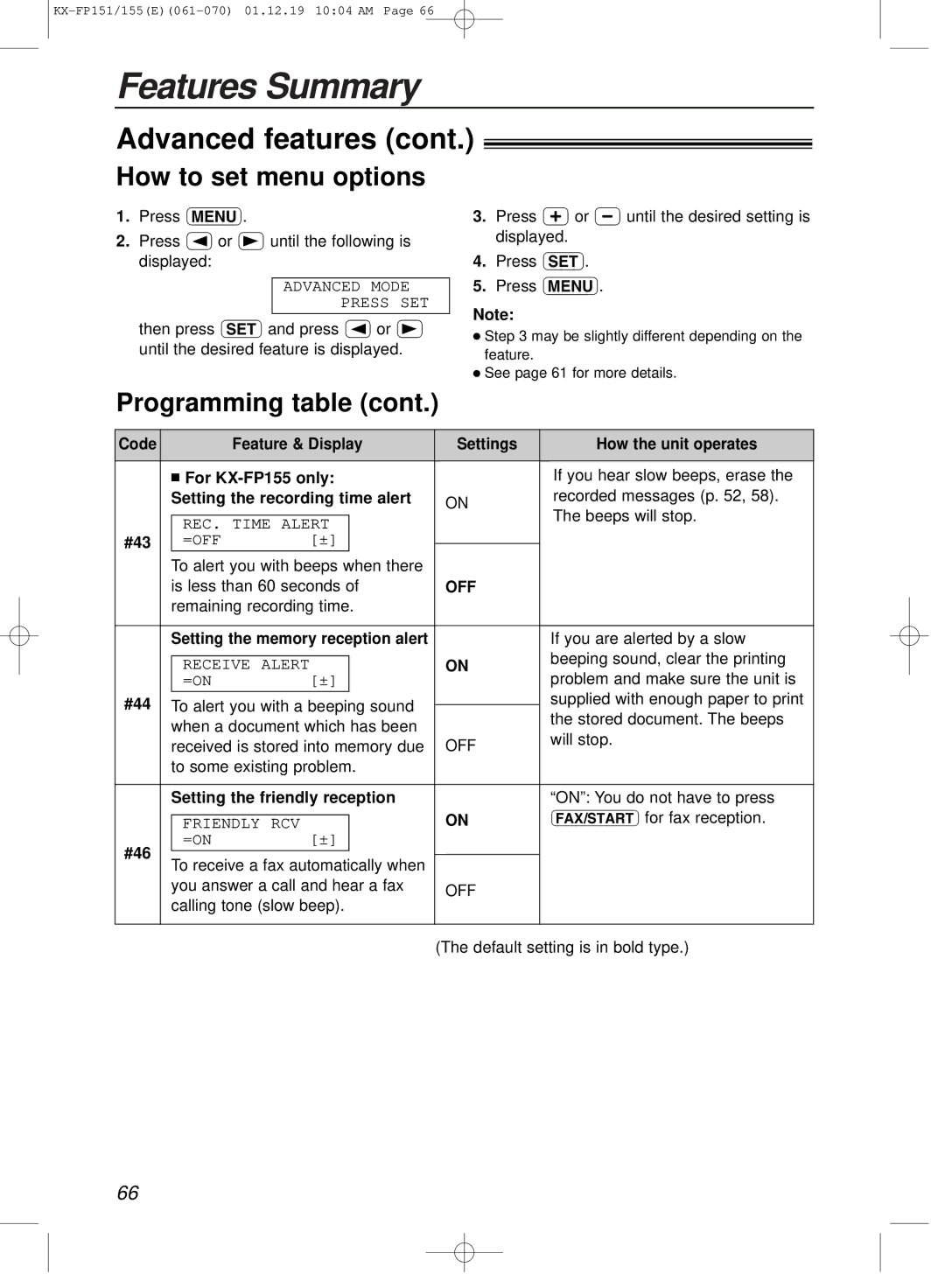 Panasonic KX-FP151E manual Setting the recording time alert, #43, #44, Setting the friendly reception, #46 