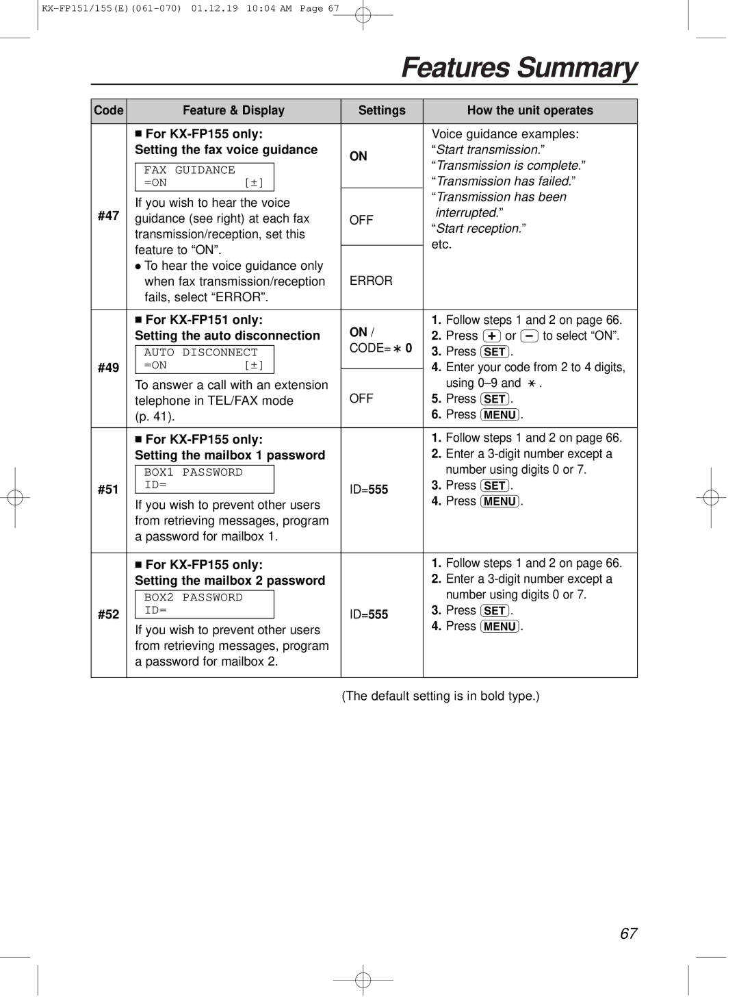 Panasonic KX-FP151E manual Setting the fax voice guidance, #47, Setting the auto disconnection, #49, #51, #52 