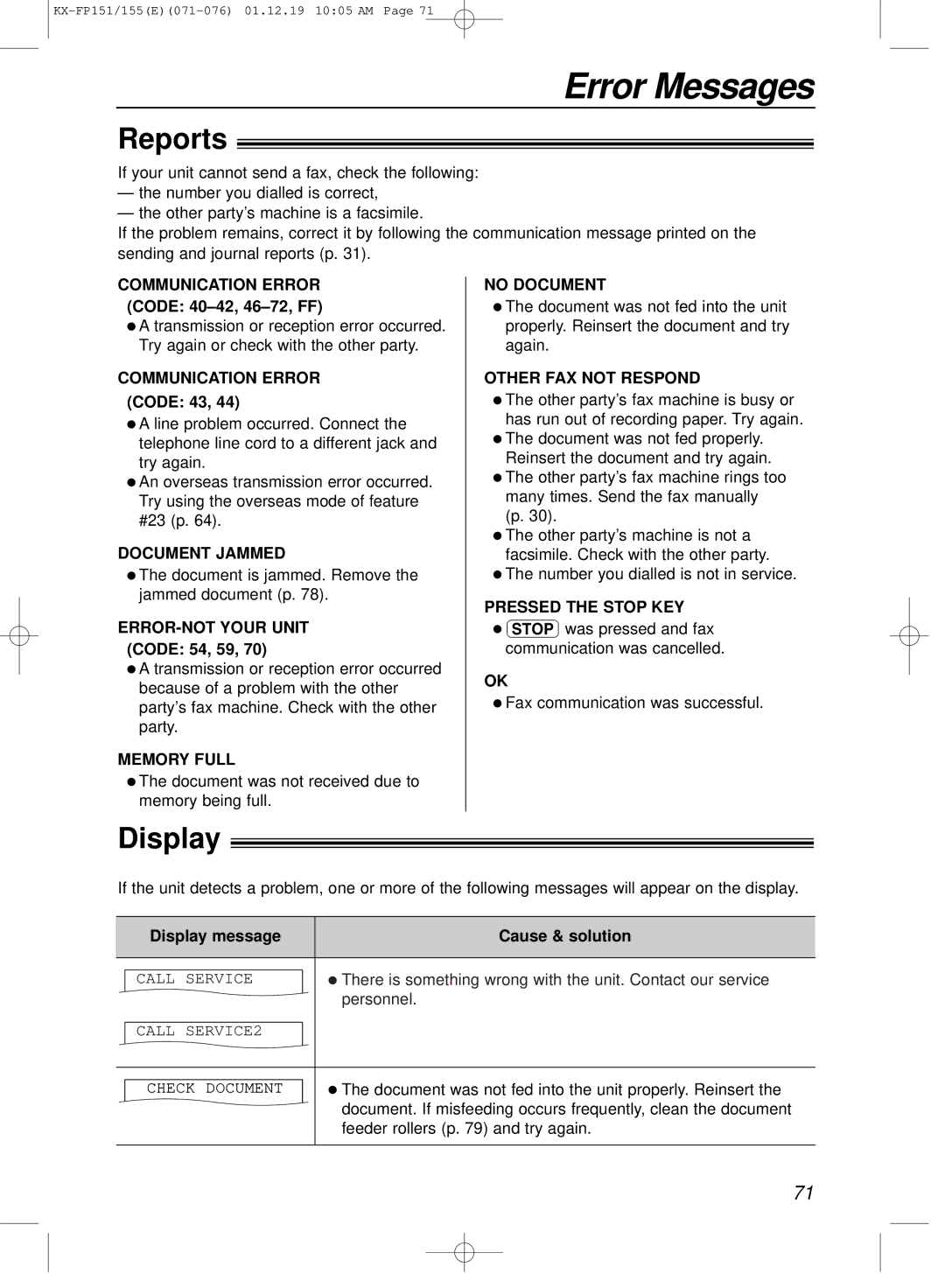 Panasonic KX-FP151E manual Error Messages, Reports, Display 