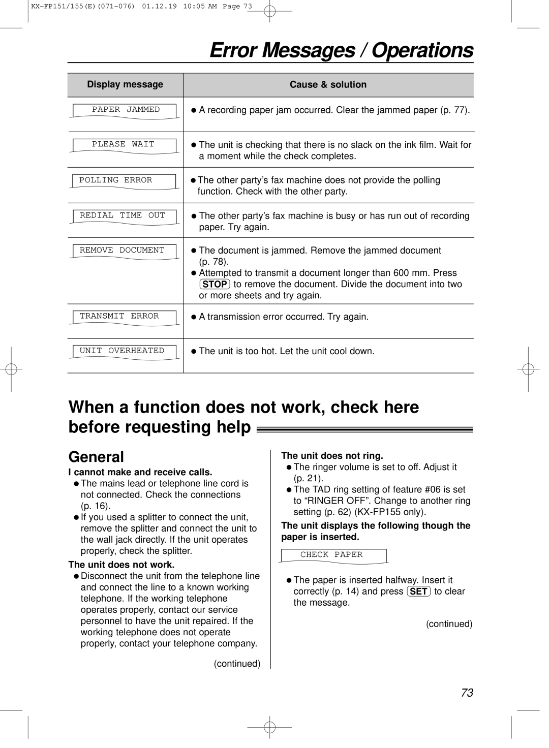 Panasonic KX-FP151E manual General, Cannot make and receive calls, Unit does not work, Unit does not ring 