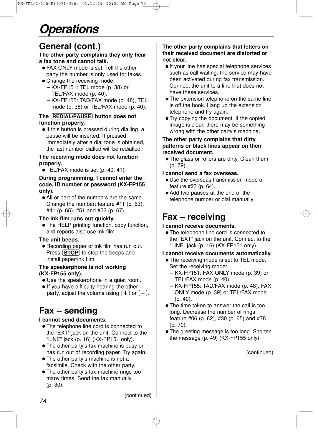 Panasonic KX-FP151E manual Operations, Fax sending, Fax receiving 