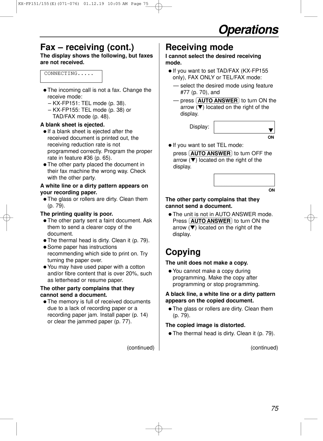 Panasonic KX-FP151E manual Receiving mode, Copying 