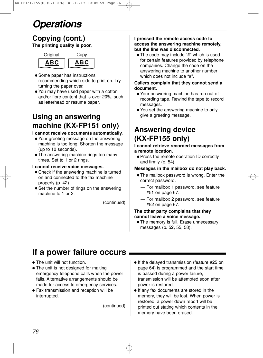 Panasonic KX-FP151E If a power failure occurs, Using an answering machine KX-FP151 only, Answering device KX-FP155 only 