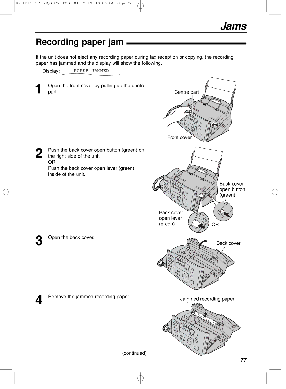 Panasonic KX-FP151E manual Jams, Recording paper jam 