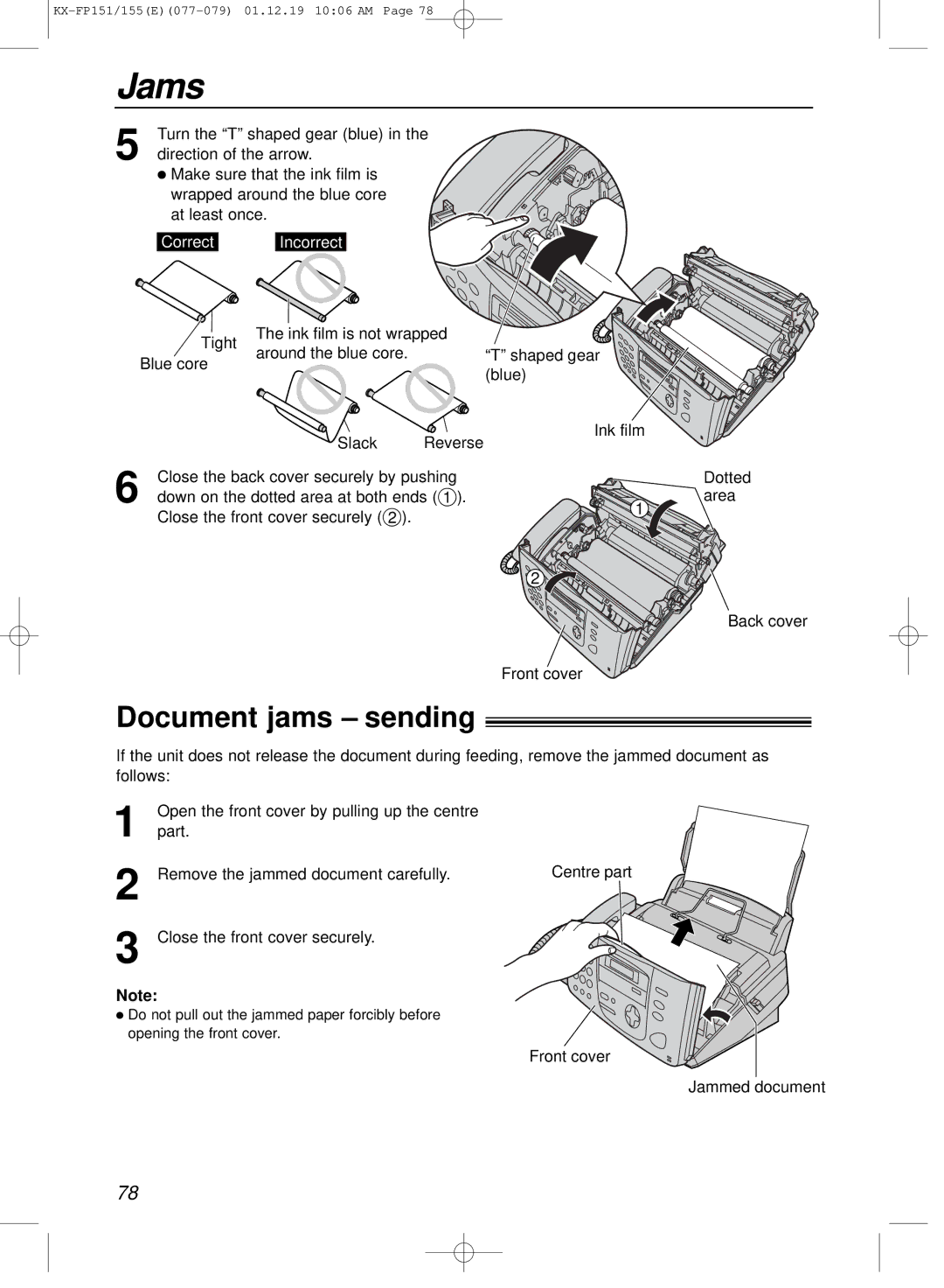 Panasonic KX-FP151E manual Document jams sending, Centre part Front cover Jammed document 