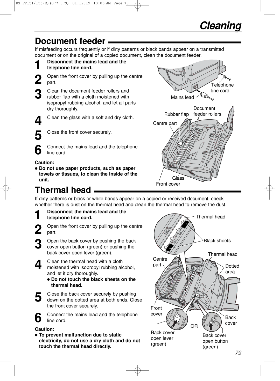 Panasonic KX-FP151E manual Cleaning, Document feeder, Thermal head, Do not touch the black sheets on the thermal head 