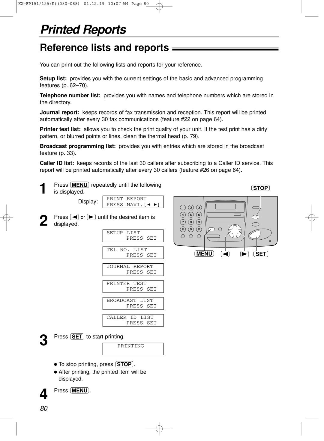 Panasonic KX-FP151E manual Printed Reports, Reference lists and reports, Press wto start printing, Stop Menuset 