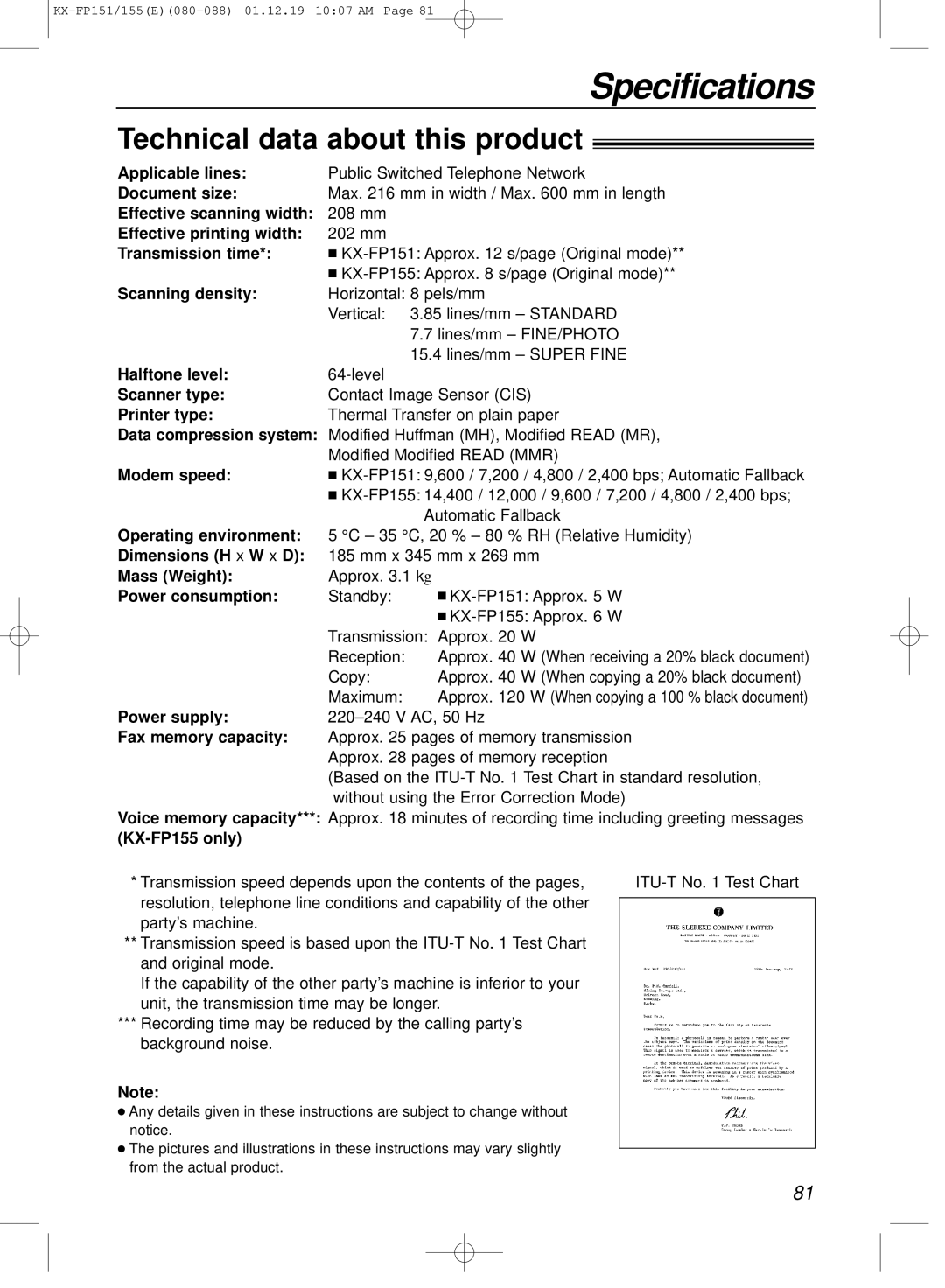 Panasonic KX-FP151E manual Specifications, Technical data about this product 