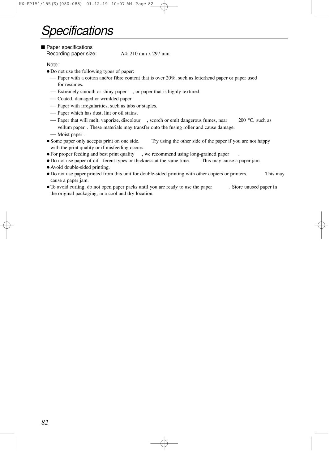 Panasonic KX-FP151E manual Paper specifications Recording paper size A4 210 mm x 297 mm 