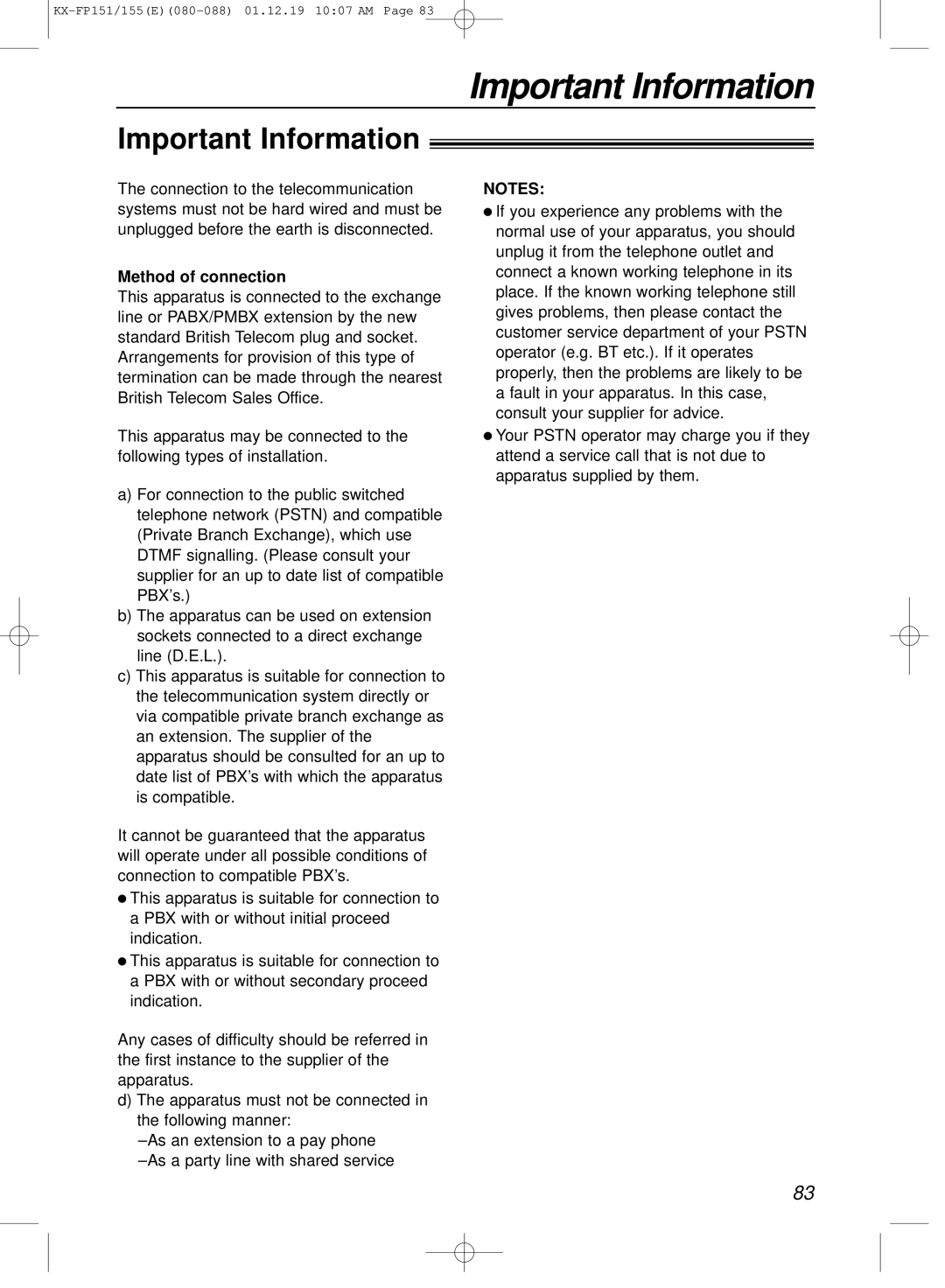 Panasonic KX-FP151E manual Important Information, Method of connection 