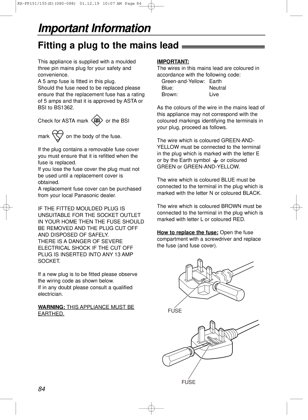 Panasonic KX-FP151E manual Fitting a plug to the mains lead 