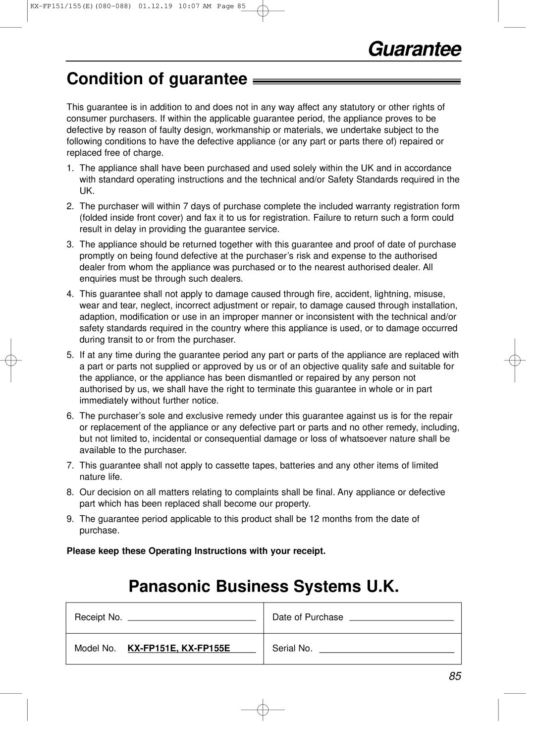 Panasonic manual Guarantee, Condition of guarantee, Panasonic Business Systems U.K, Model No. KX-FP151E, KX-FP155E 