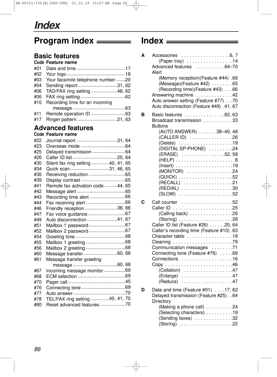 Panasonic KX-FP151E manual Index, Program index, Code Feature name 