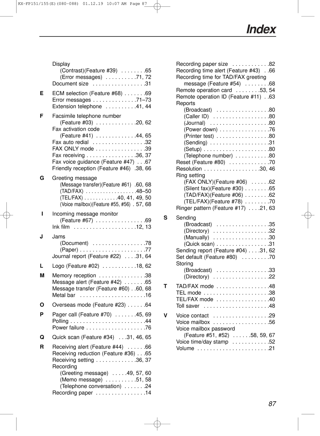 Panasonic KX-FP151E manual Index 