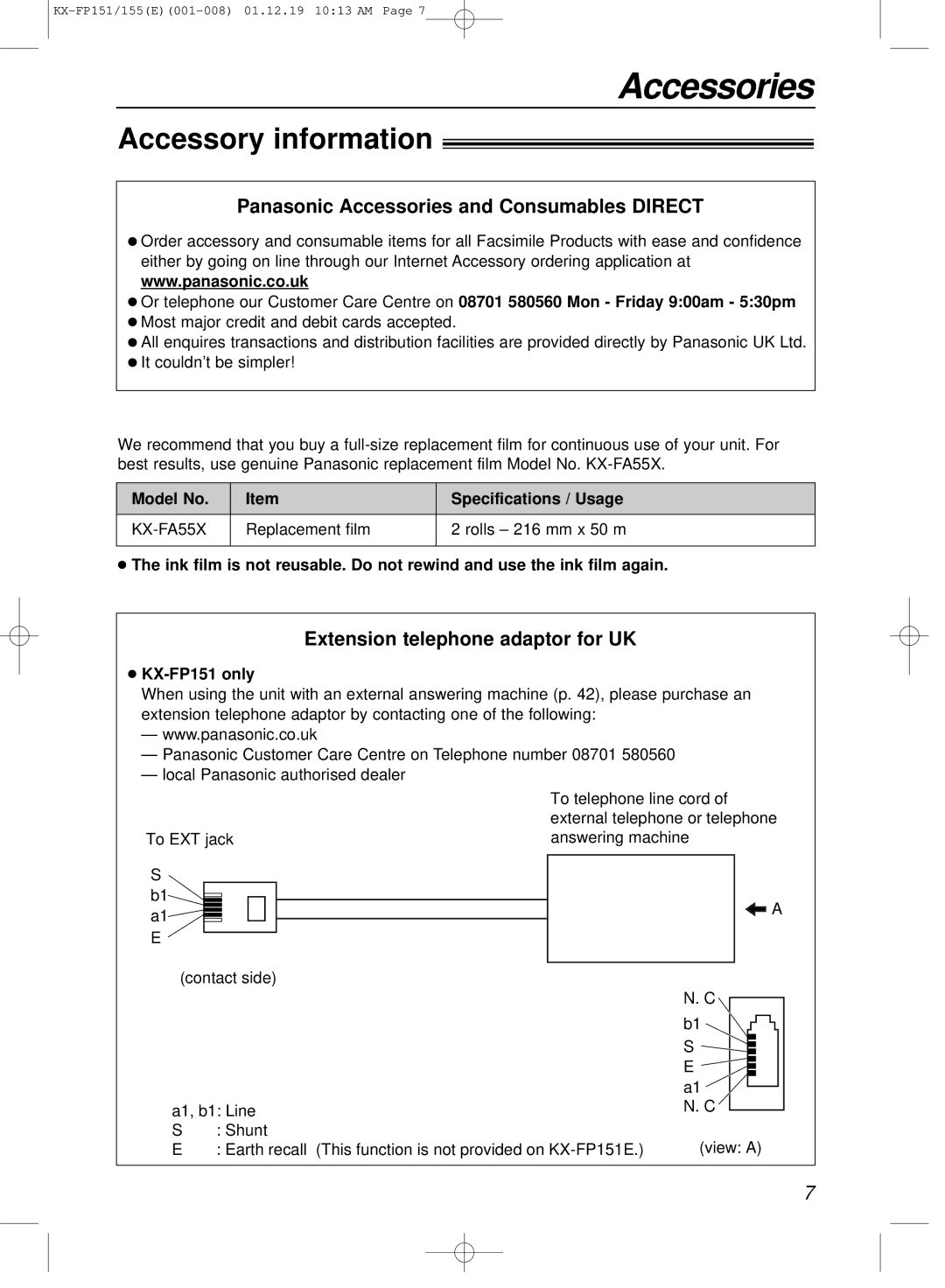 Panasonic KX-FP151E manual Accessory information, Model No Specifications / Usage, KX-FA55X, KX-FP151 only 