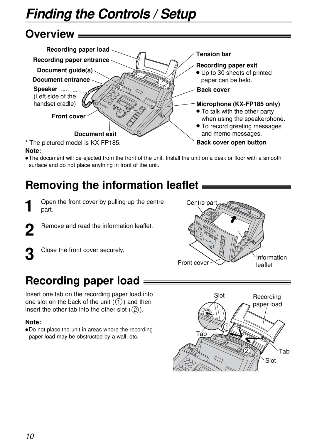 Panasonic KX-FP181E Finding the Controls / Setup, Overview, Removing the information leaflet, Recording paper load 