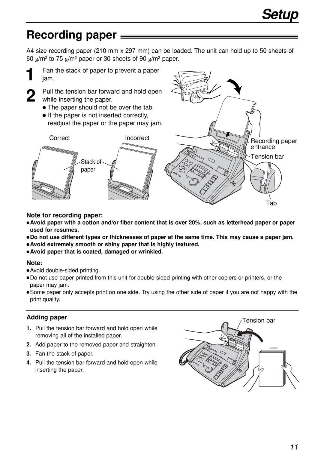 Panasonic KX-FP181E operating instructions Setup, Recording paper, Adding paper Tension bar 