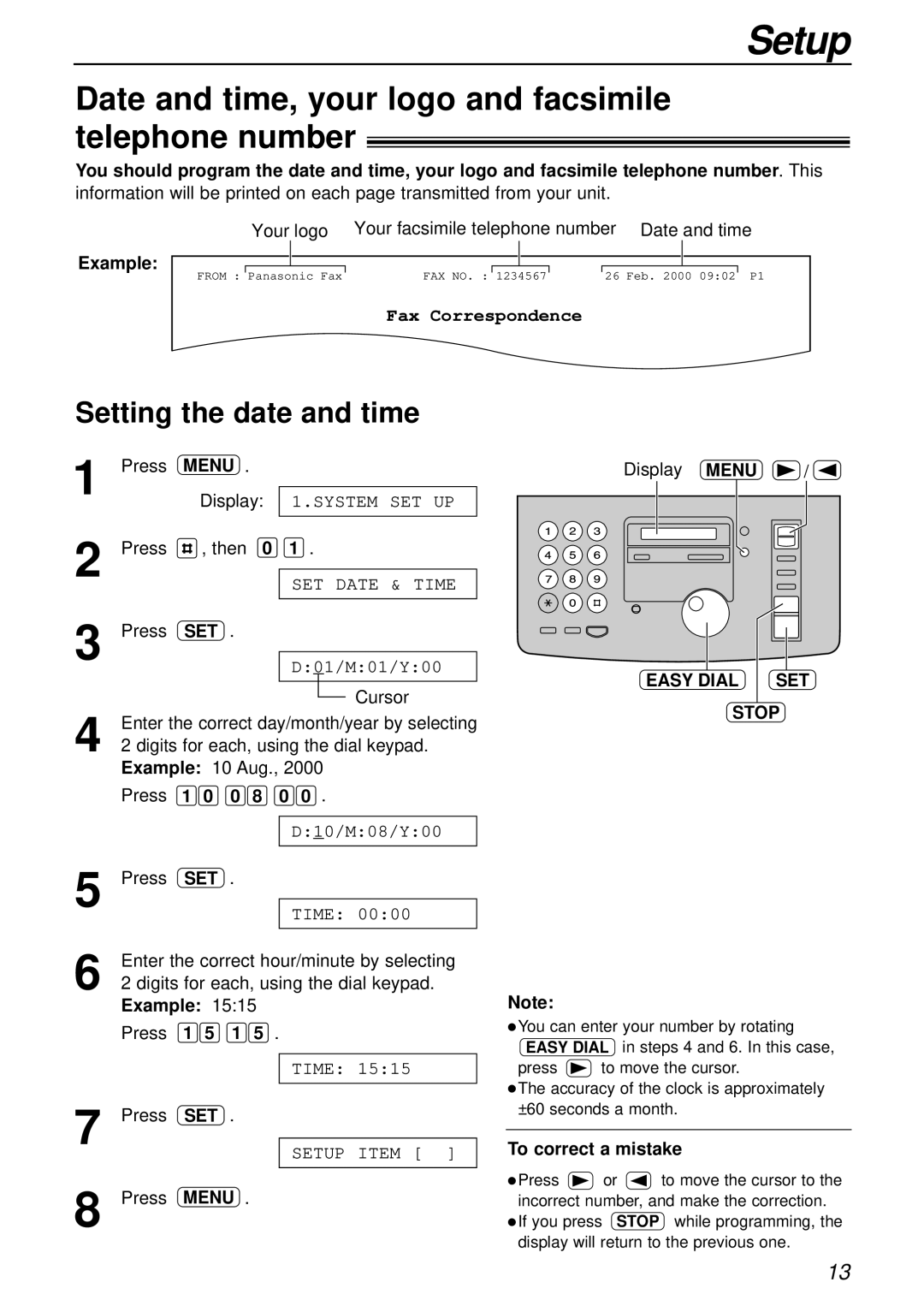 Panasonic KX-FP181E Date and time, your logo and facsimile telephone number, Setting the date and time, Menu 